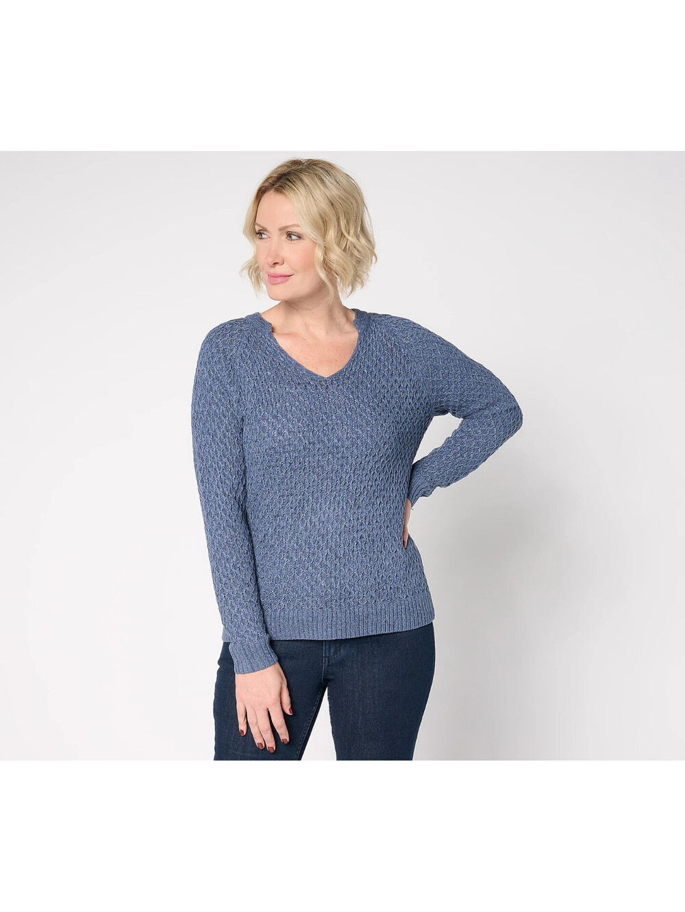 BEAUTIFUL by Laurence Zarian V-Neck Novelty Stitch Sweater Vintage Indigo M 146R